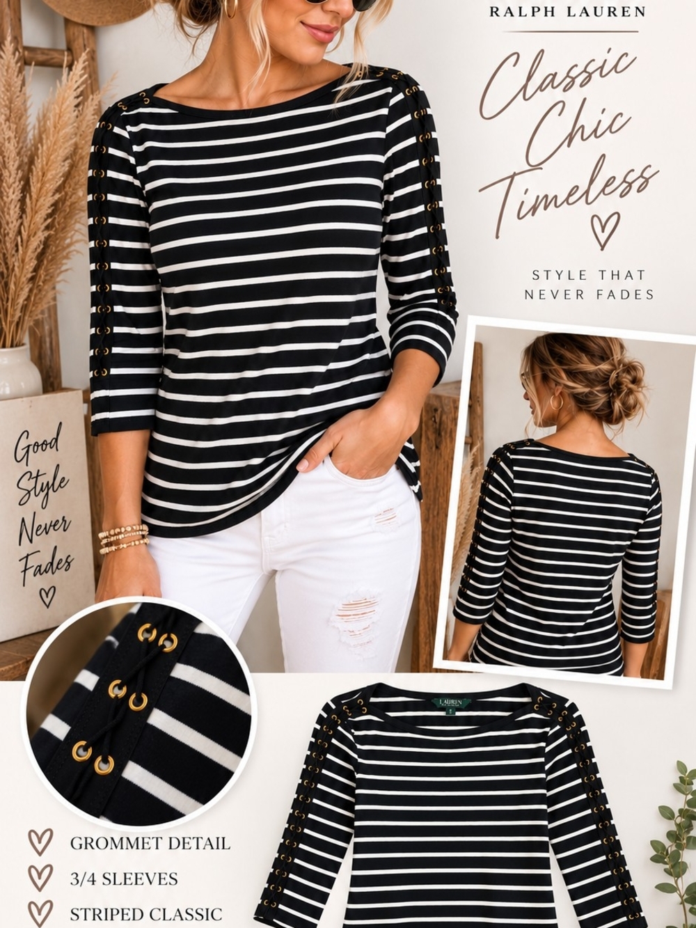 Ralph Lauren Black & White Striped Grommet Sleeve Top